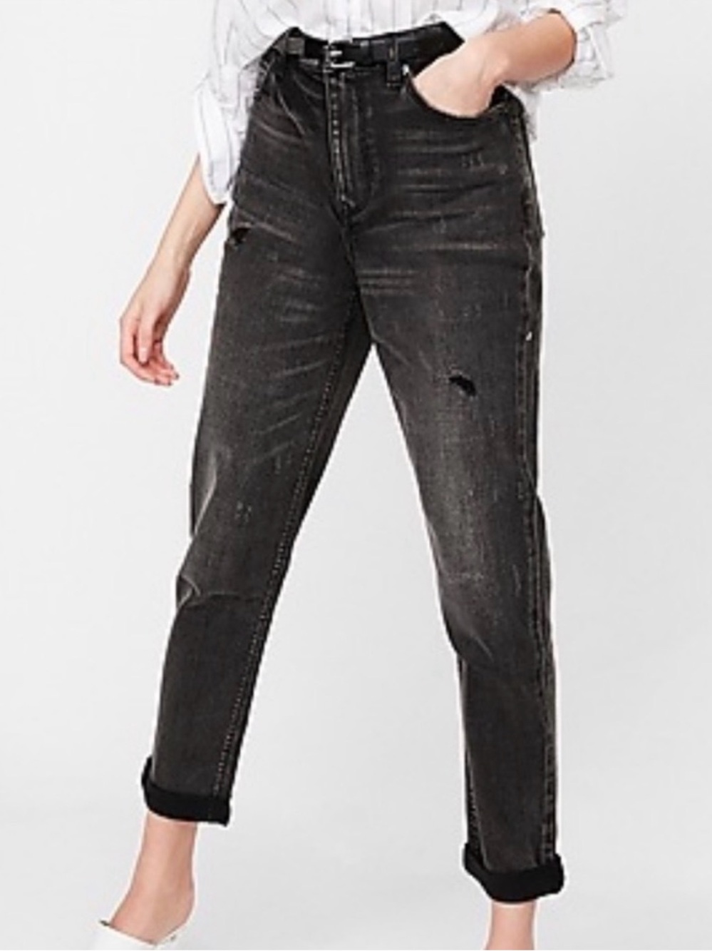 Express High Waisted Black Distressed Girlfriend Jeans